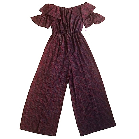Gibson Latimer Burgundy Off Shoulder Jumpsuit Puff Butterfly Party Holiday Glam - Picture 3 of 16